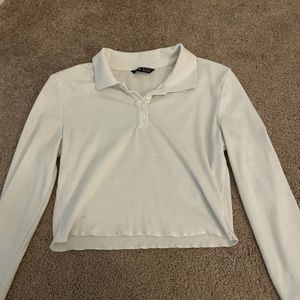 White Ribbed LongSleeved Buttoned Collared CropTop